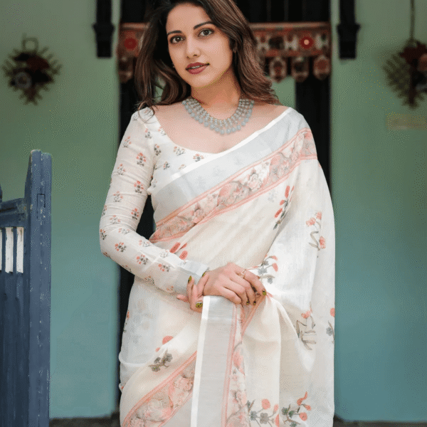 Ivory Pure Cotton Linen Saree with Pastel Floral Design And Tassel Detailing With Unstitched Blouse