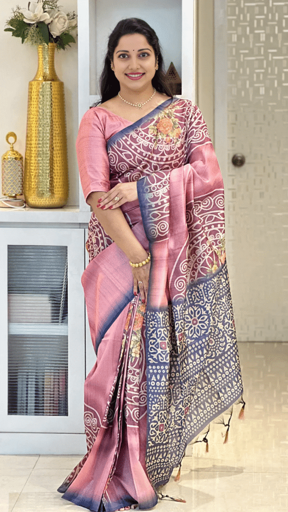 Soft Tussar Silk sarees with Beautiful Print With Attractive Pallu And Contrast Print Blouse With Tassels