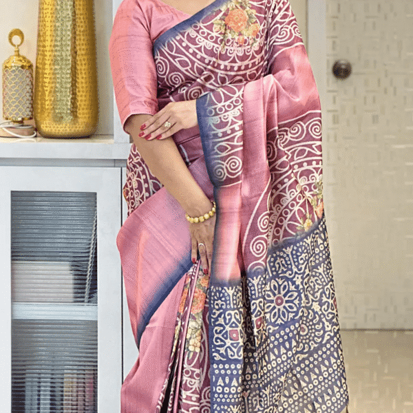 Soft Tussar Silk sarees with Beautiful Print With Attractive Pallu And Contrast Print Blouse With Tassels
