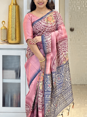 Soft Tussar Silk sarees with Beautiful Print With Attractive Pallu And Contrast Print Blouse With Tassels